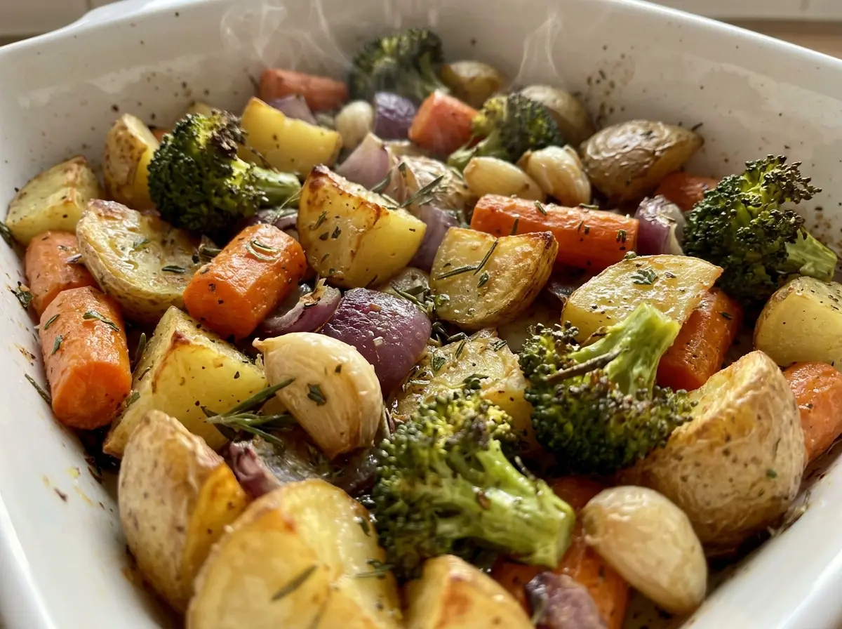 Garlic Herb Roasted Potatoes and Veggies golden, crisp-edged vegetables