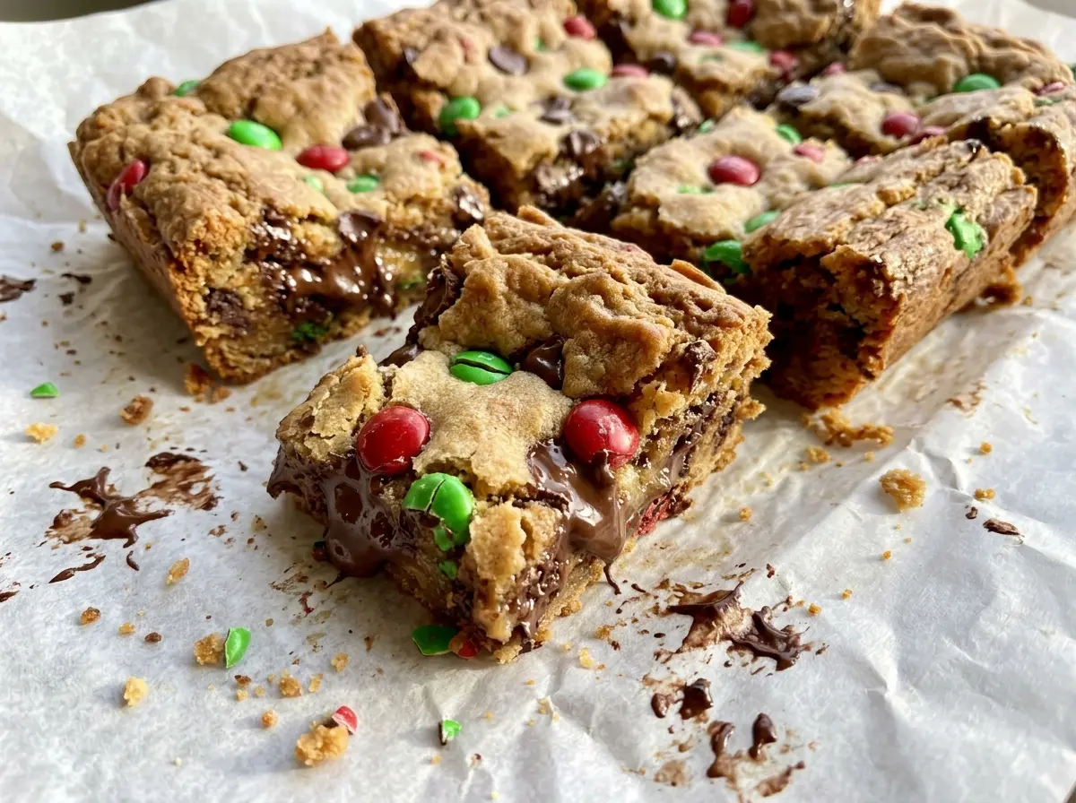 Gooey Christmas Cookie Bars with colorful candy pieces