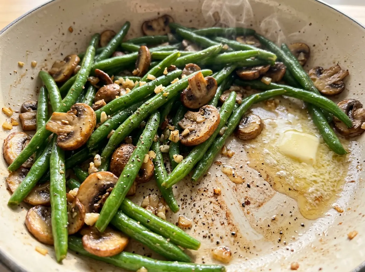 Green Beans with Mushrooms, browned cremini, crisp-tender beans