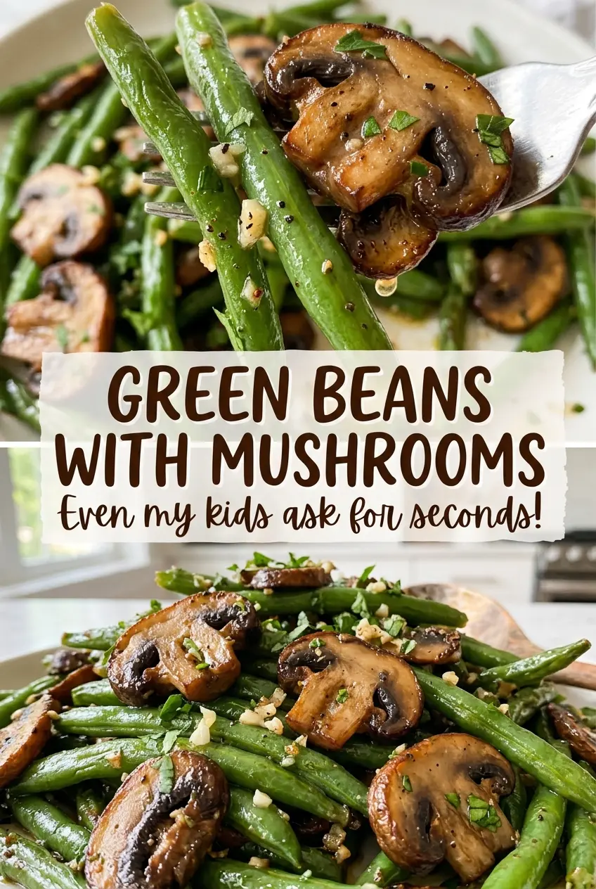 Green Beans with Mushrooms, skillet-browned, bright green, savory