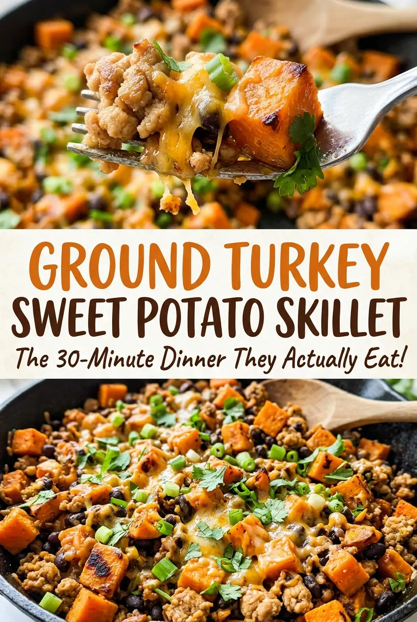 Ground Turkey Sweet Potato Skillet, spinach-flecked skillet
