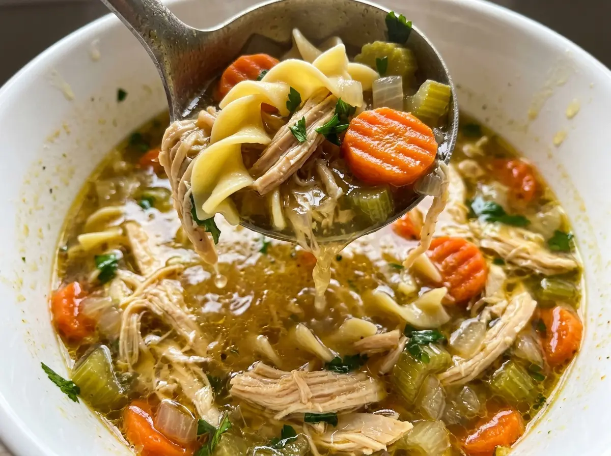 Healing Chicken Noodle Soup, golden and brothy