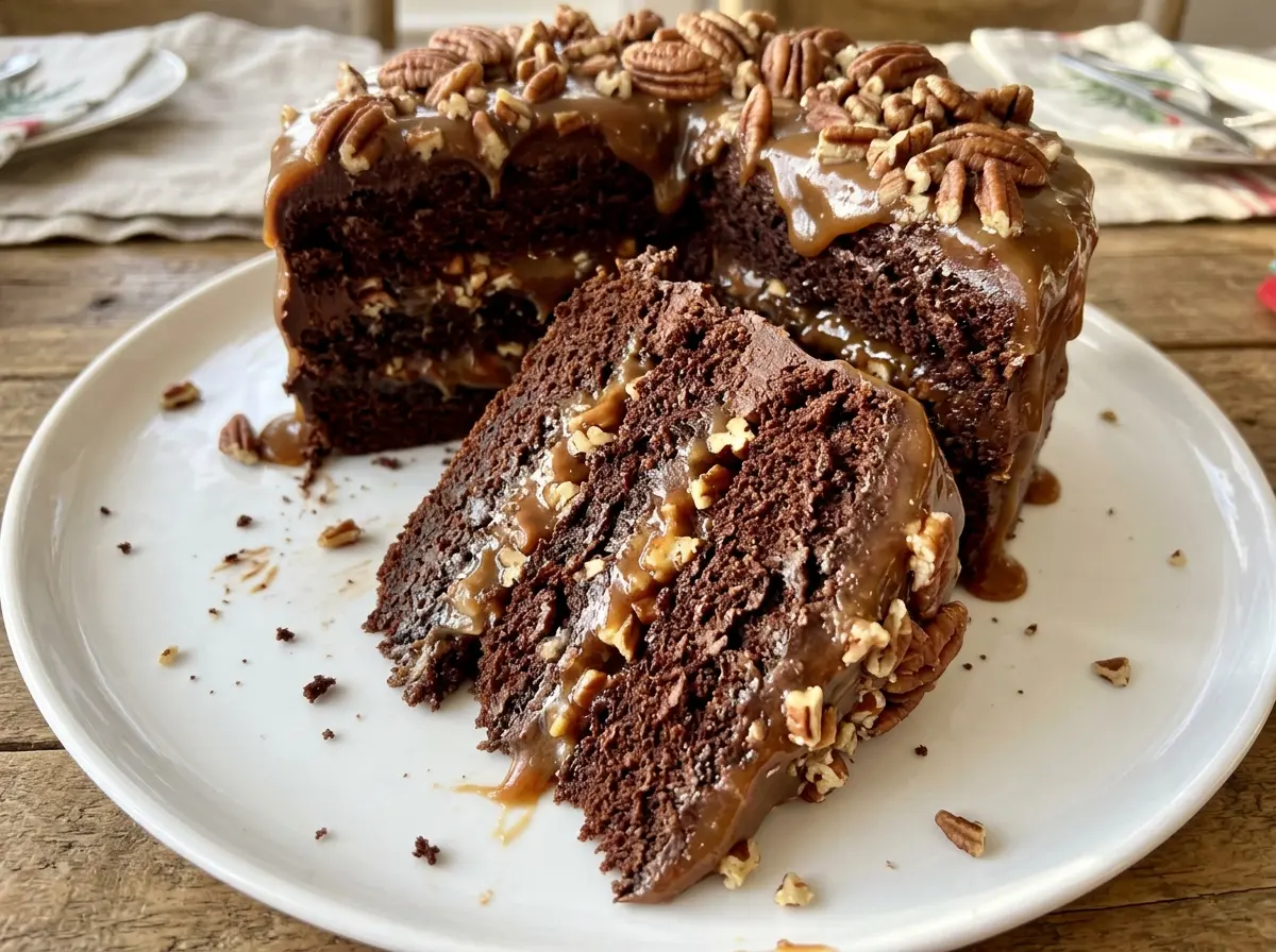 Holiday Turtle Cake with glossy chocolate topping