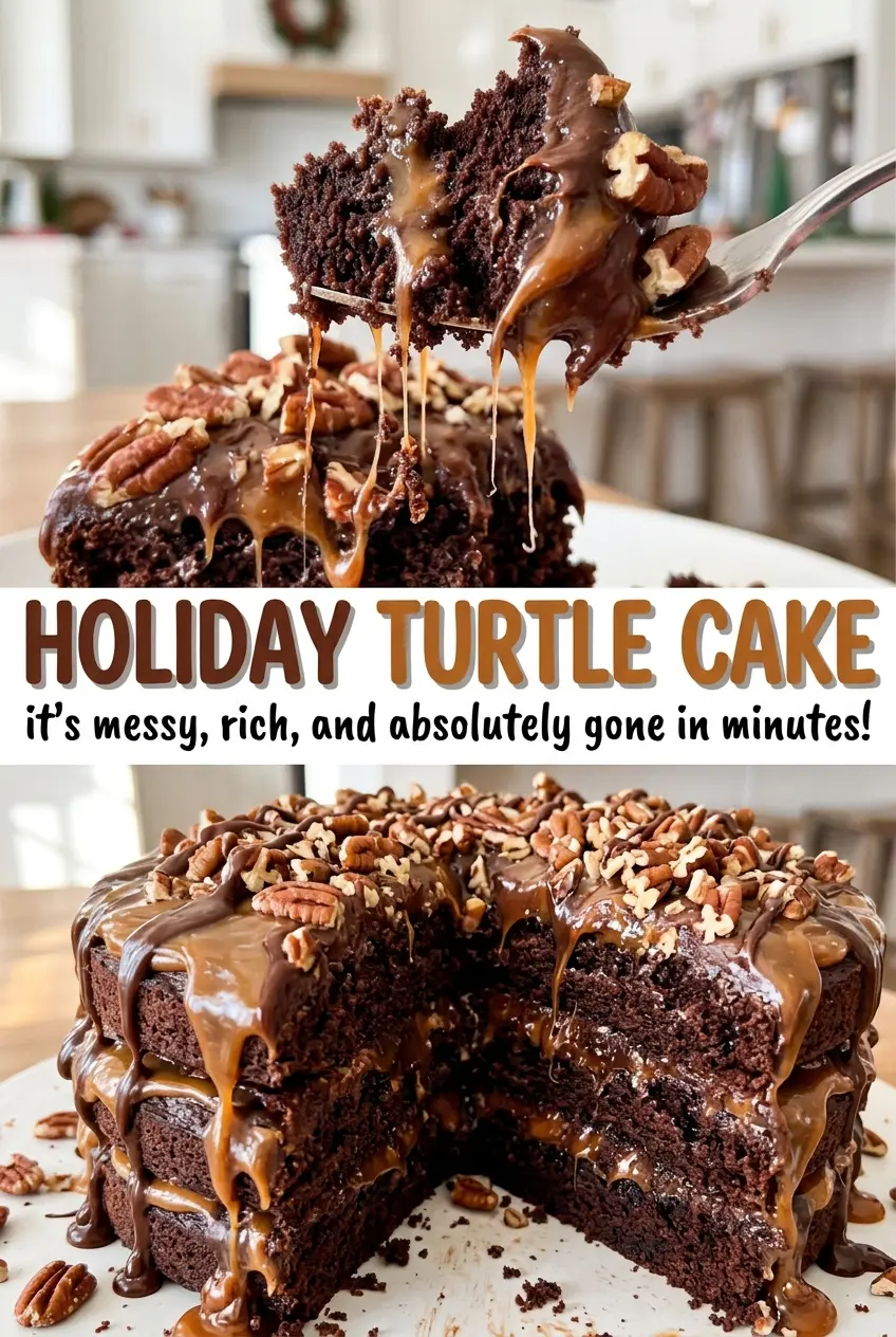 Holiday Turtle Cake with caramel pecan layers
