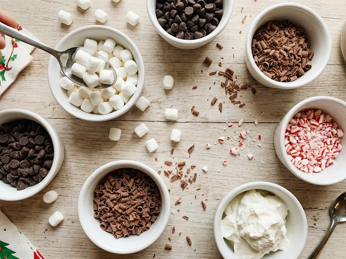 Hot Cocoa Bar Toppings with chocolate peppermint marshmallows