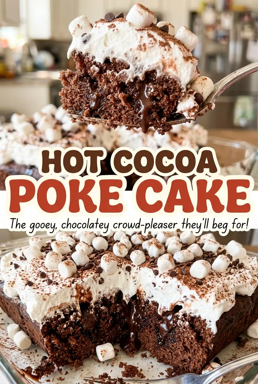 Hot Cocoa Poke Cake with soft chocolate crumb