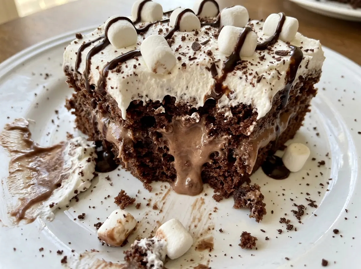 Hot Cocoa Poke Cake with creamy marshmallow topping