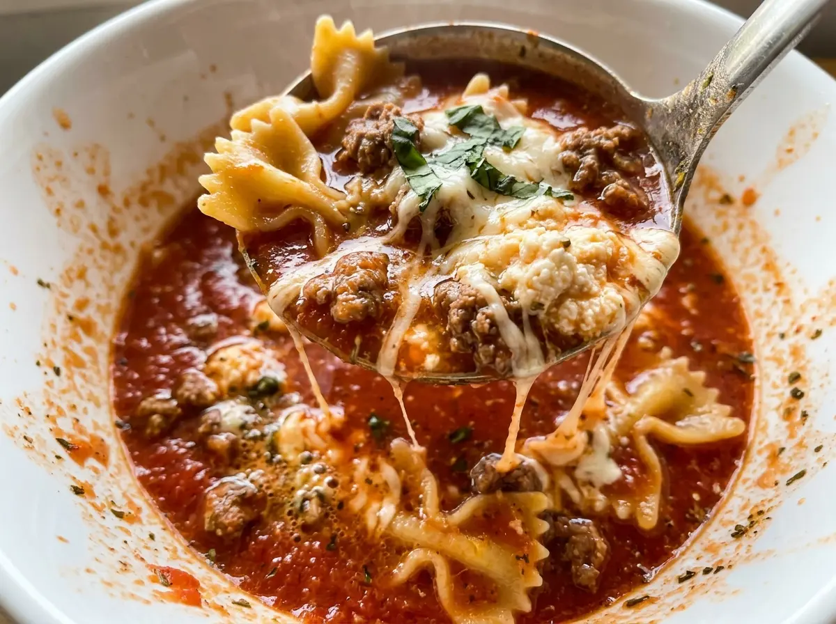 Lasagna soup with bow tie pasta, hearty tomato broth