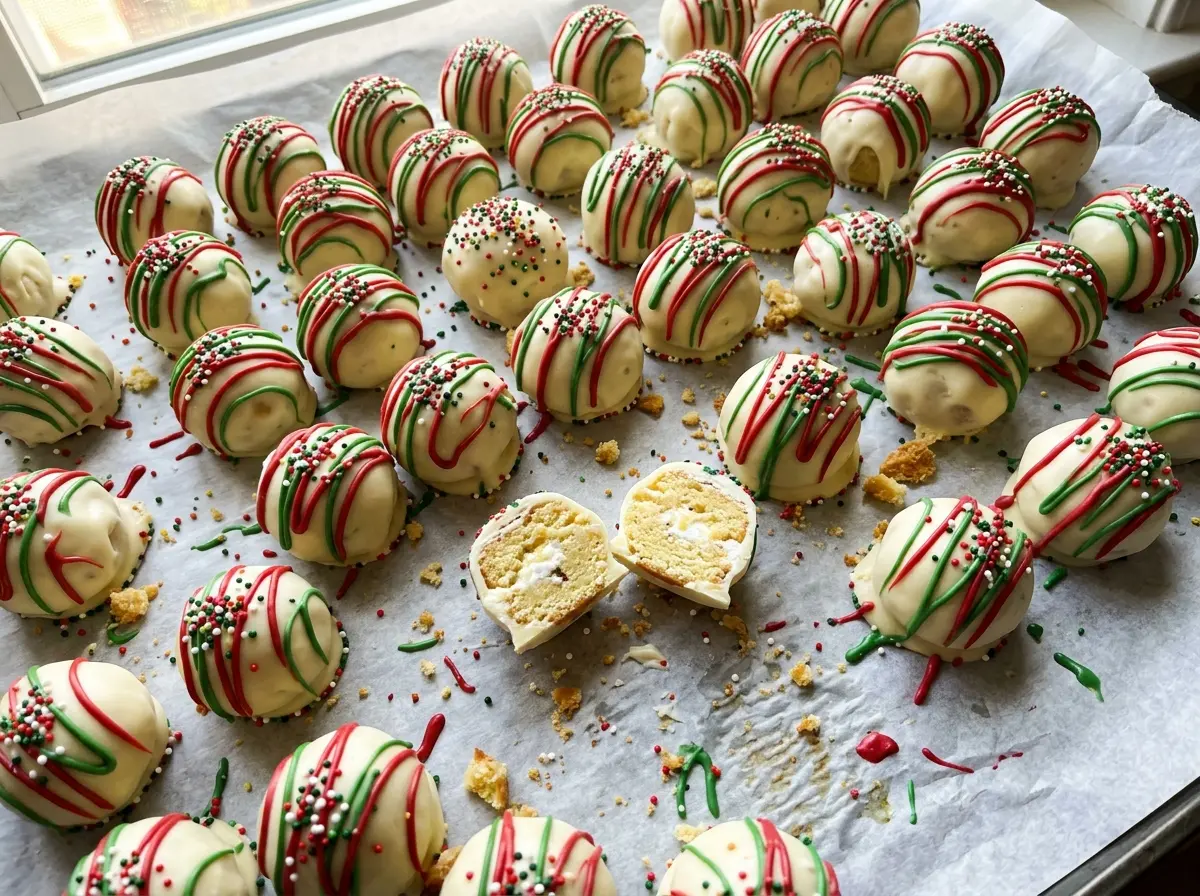Little Debbie Christmas Tree Cake Truffles with smooth white coating and holiday sprinkles