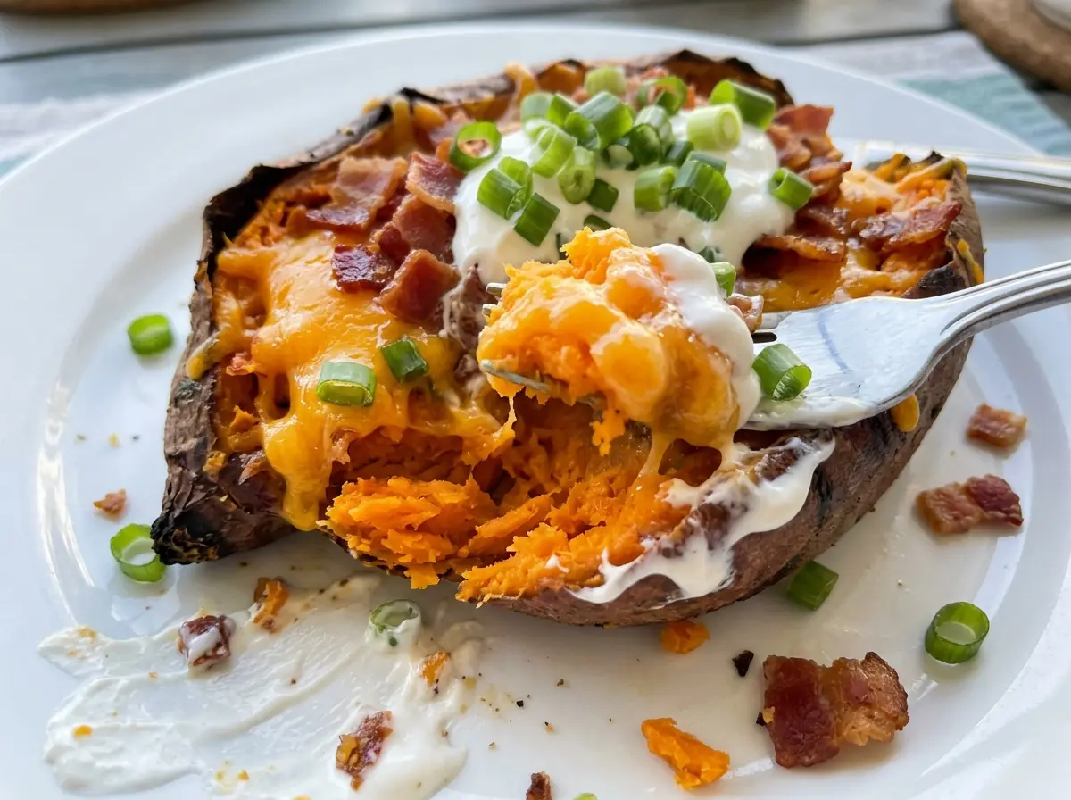 Loaded Roasted Sweet Potato, cheesy and colorful
