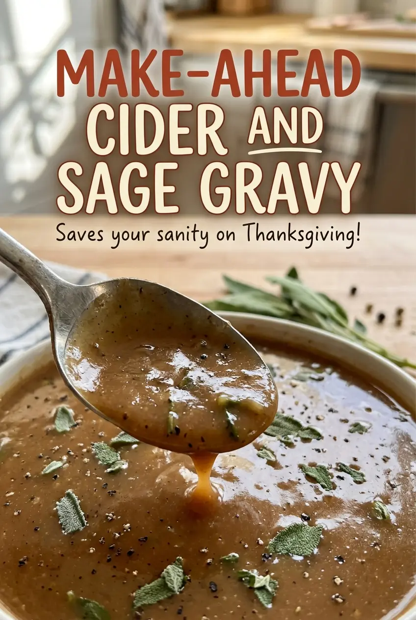 Make Ahead Cider and Sage Gravy, glossy and sage flecked
