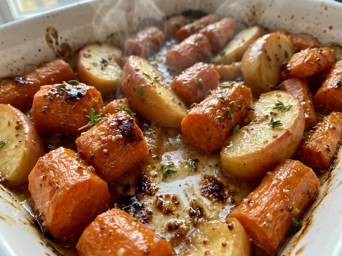 Maple Dijon Roasted Carrots and Apples, glossy and golden