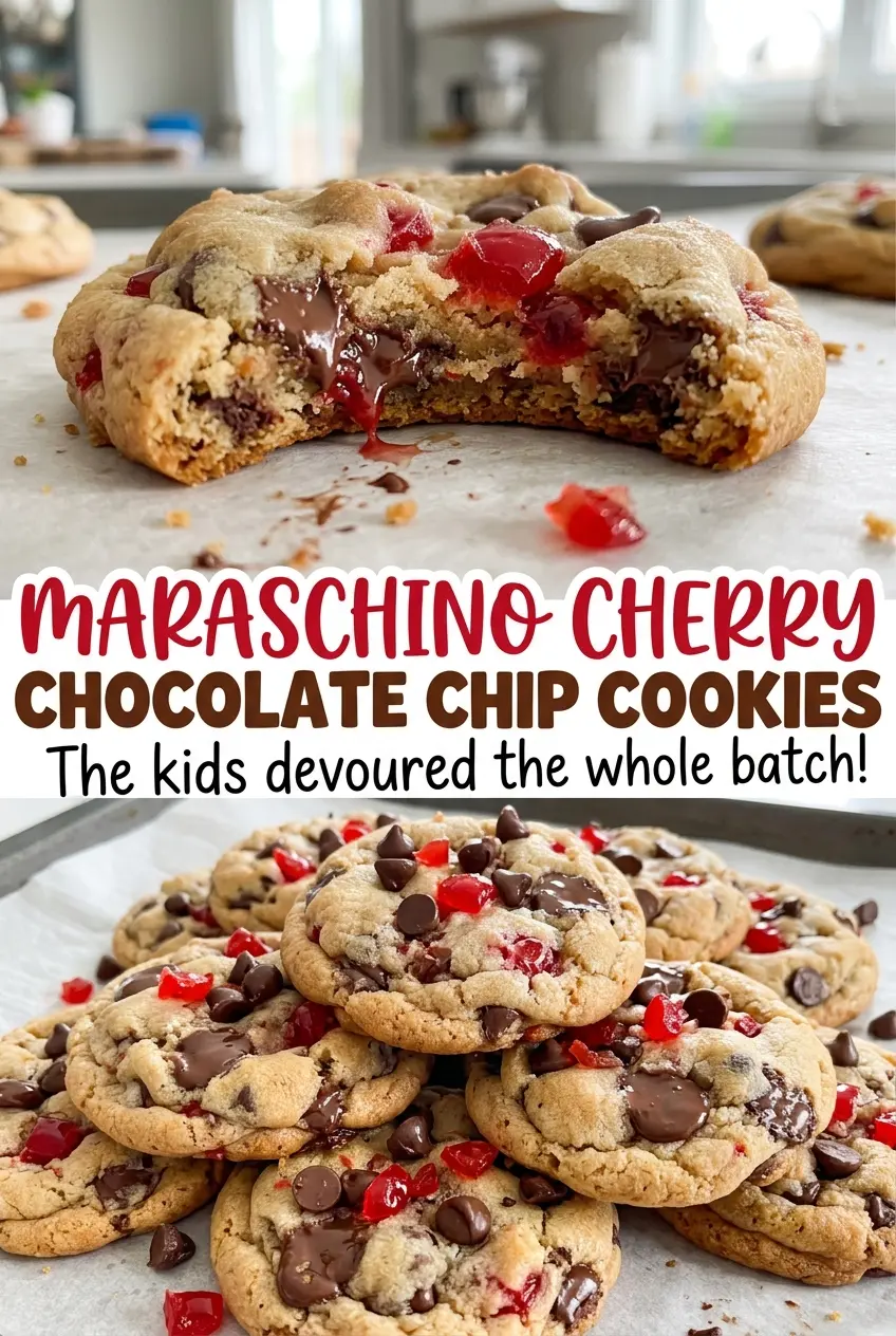Maraschino Cherry Chocolate Chip Cookies, soft golden centers
