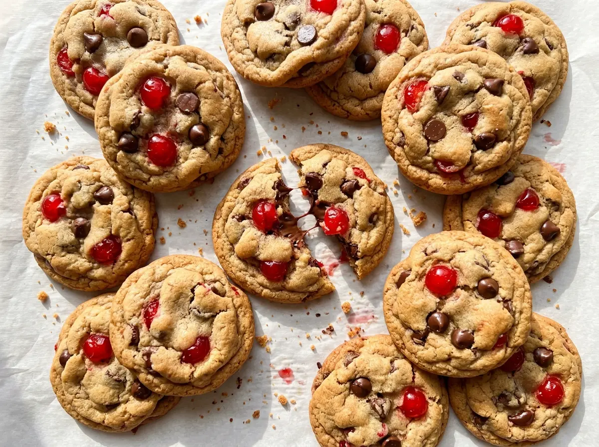 Maraschino Cherry Chocolate Chip Cookies, pink-speckled chocolate-studded