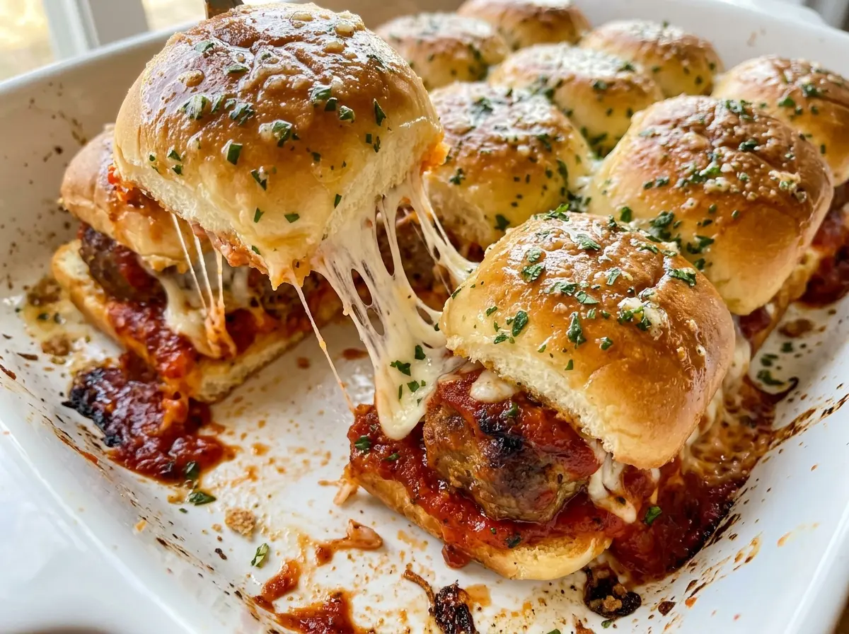 Meatball sliders on Hawaiian rolls with cheesy golden tops