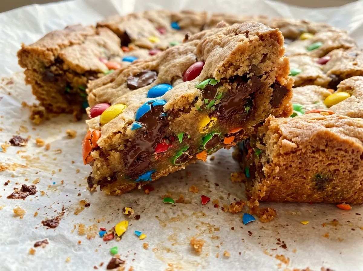 M&M Chocolate Chip Cookie Bars golden candy-studded