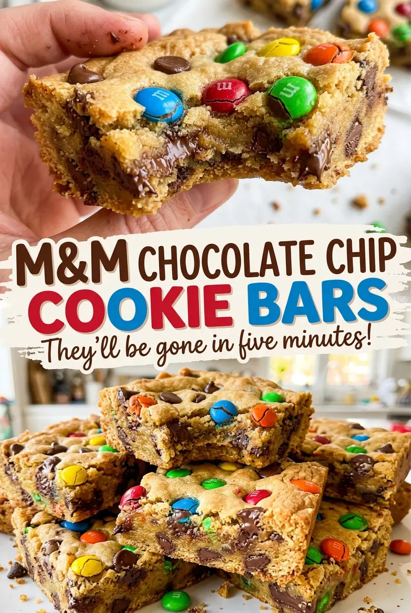 M&M Chocolate Chip Cookie Bars chewy chocolate-filled