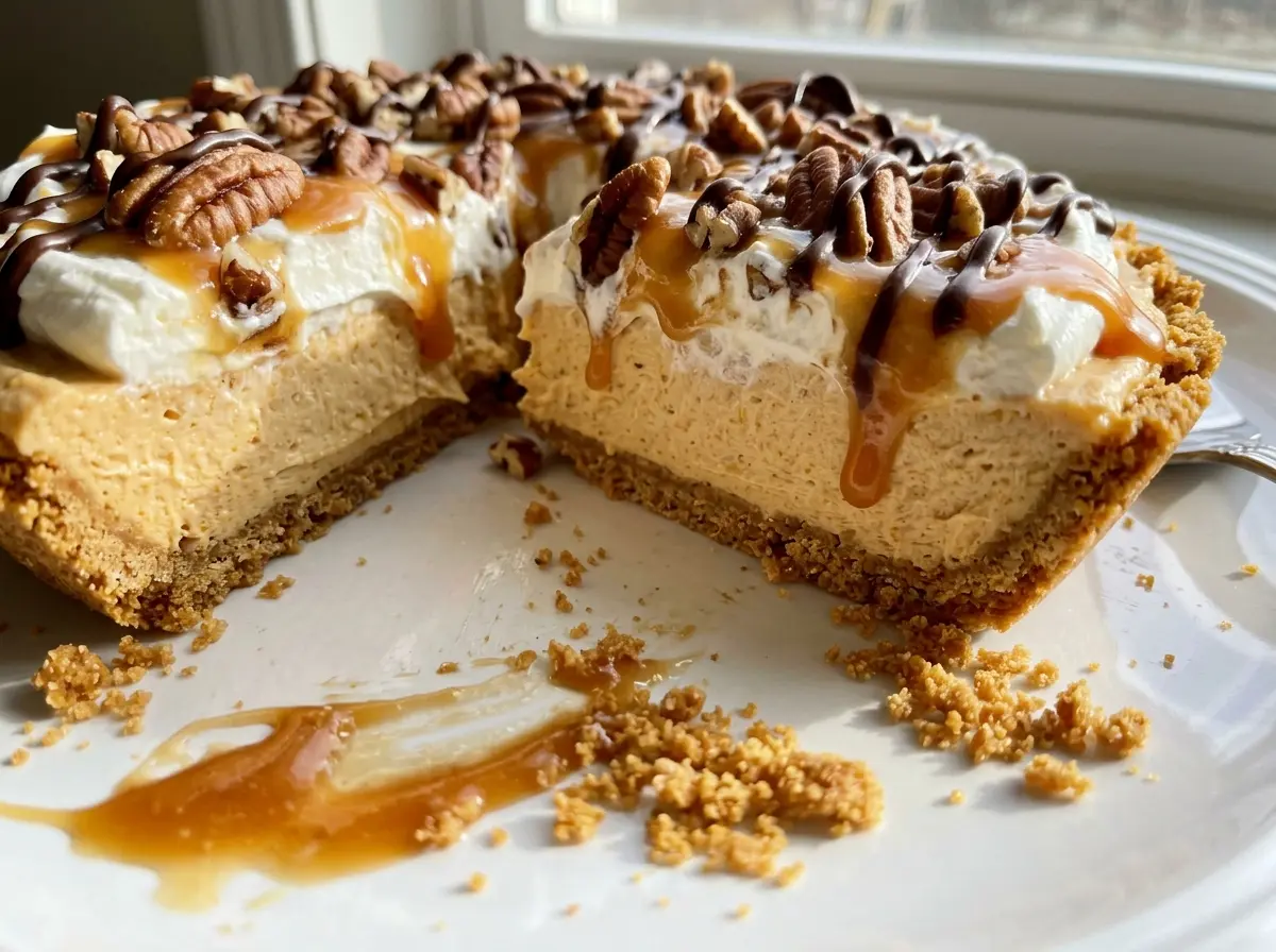 No Bake Turtle Pumpkin Pie creamy caramel pecan