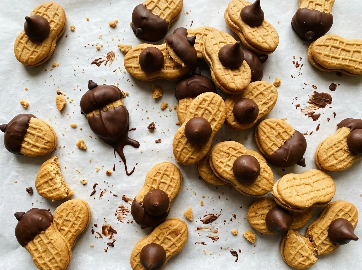 Nutter Butter Acorn Cookies, chocolate-tipped and candy-topped