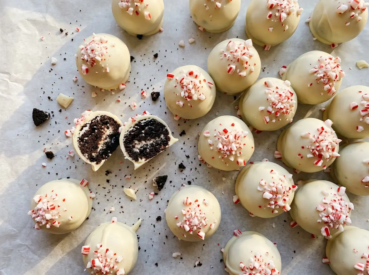 Peppermint Crunch Balls with white chocolate coating