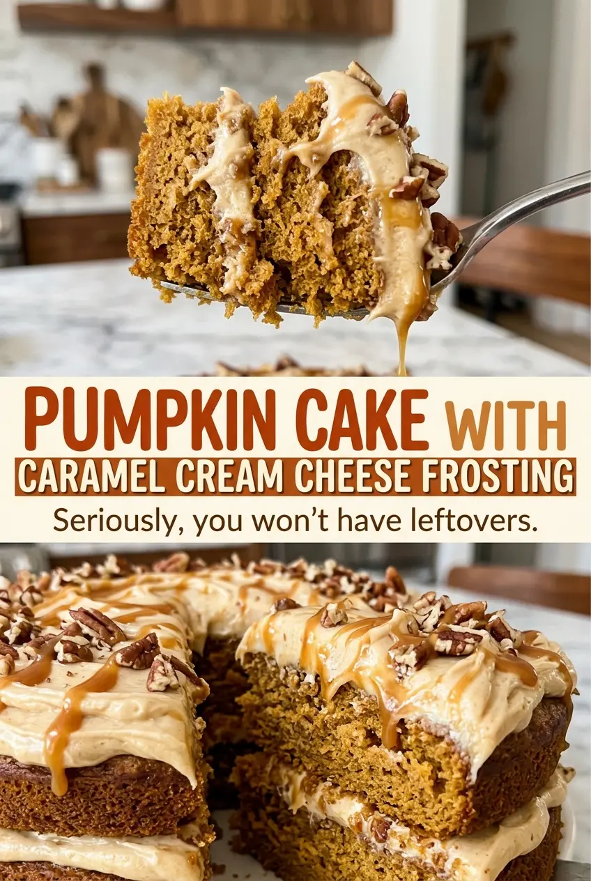 Pumpkin Cake with Caramel Cream Cheese Frosting, tender caramel-topped squares