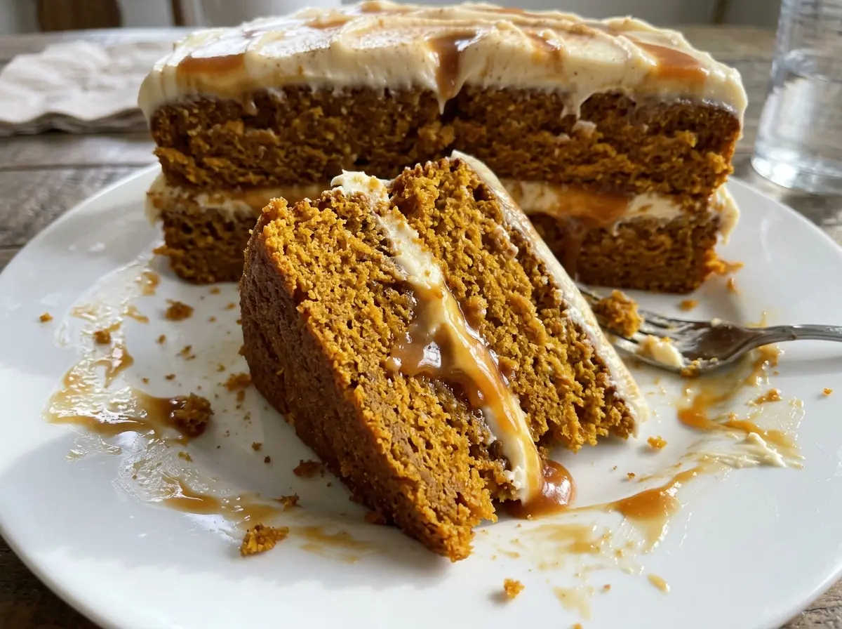 Pumpkin Cake with Caramel Cream Cheese Frosting, soft spiced crumb
