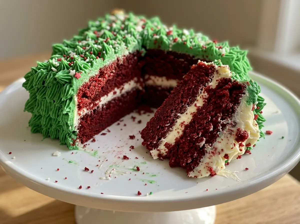 Red Velvet Christmas Tree Cake piped green tree