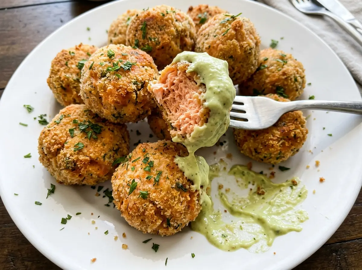 Salmon Balls with Creamy Avocado Sauce golden tender bites
