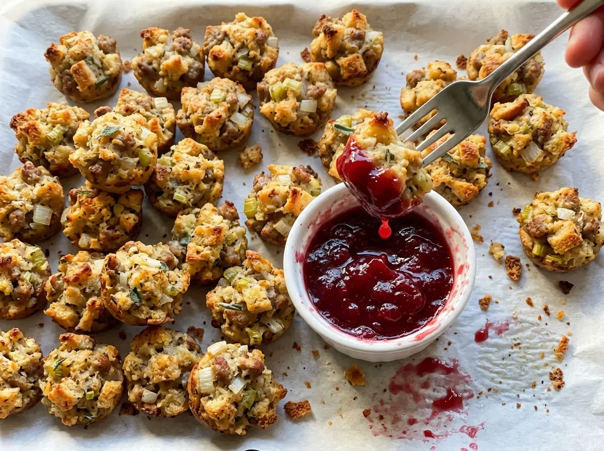Sausage Stuffing Bites with Cranberry Dipping Sauce golden and savory