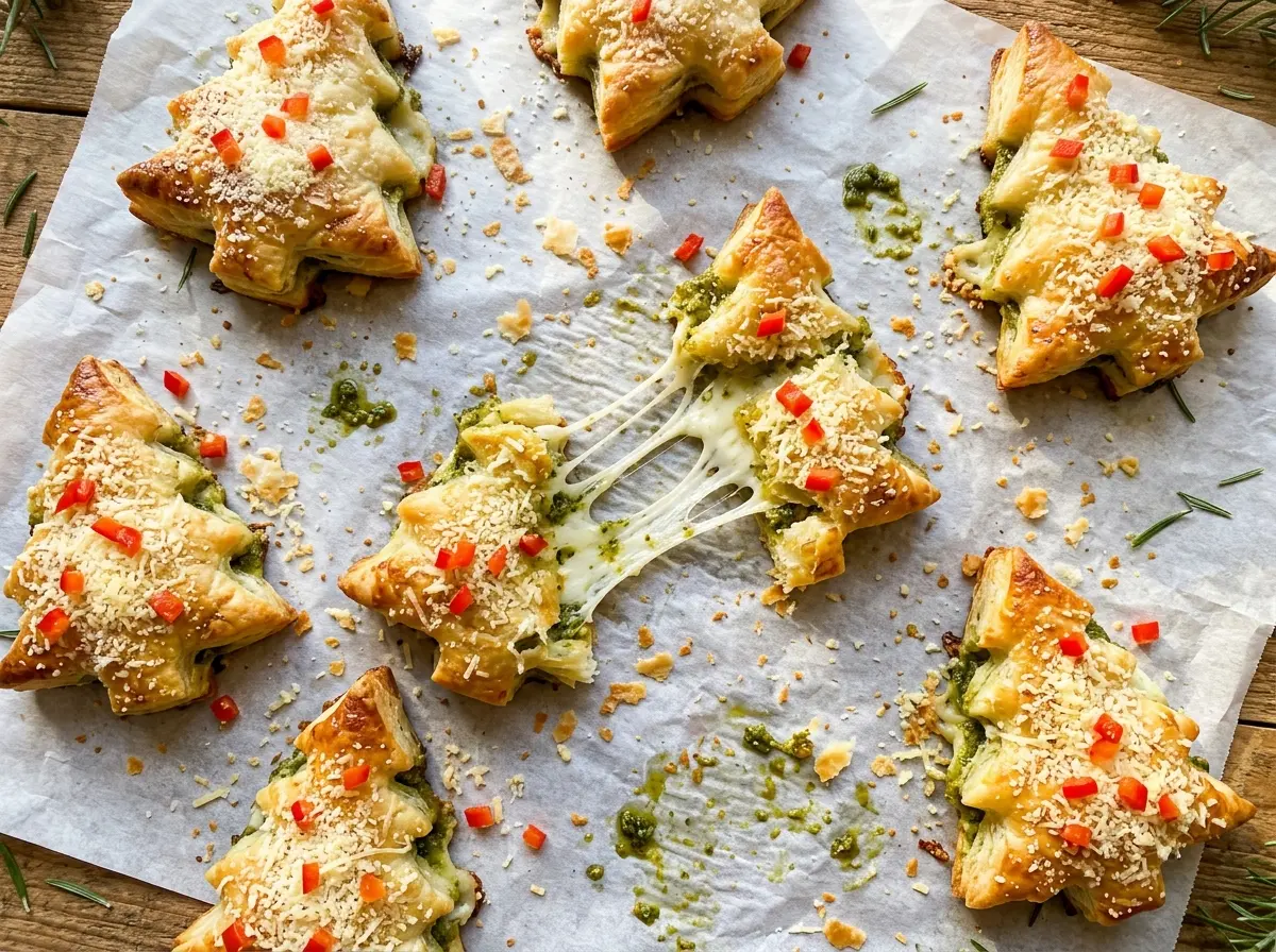 Savory Christmas Tree Bites with golden, flaky pesto filling