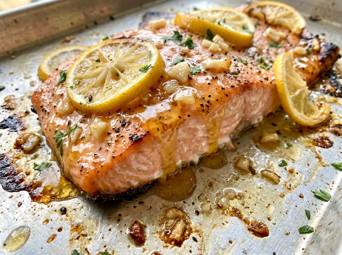 Sheet Pan Honey Lemon Salmon glossy glazed fillets