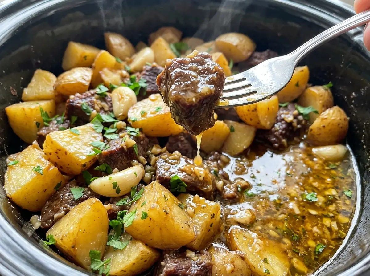 Slow Cooker Garlic Butter Beef Bites with Potatoes, tender and golden