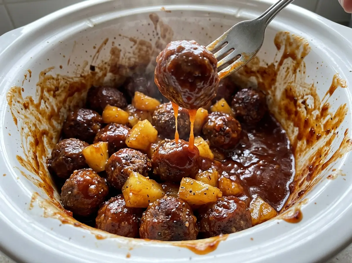 Slow Cooker Pineapple BBQ Meatballs glossy pineapple sauce