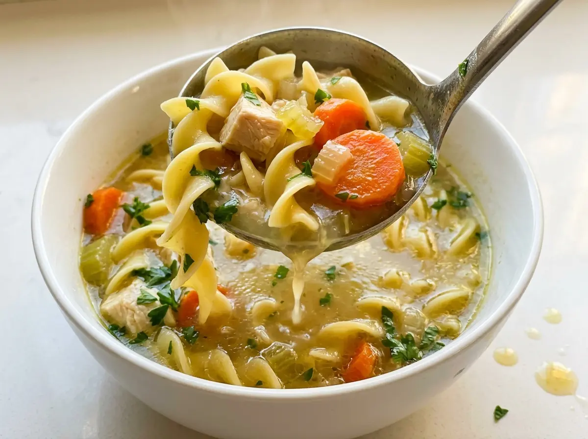 Small Batch Chicken Noodle Soup, golden and brothy