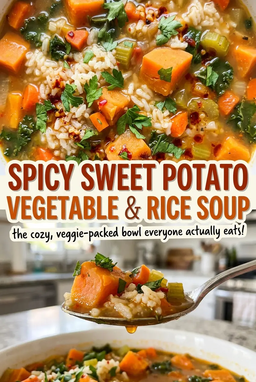Spicy Sweet Potato Vegetable and Rice Soup with tender vegetables