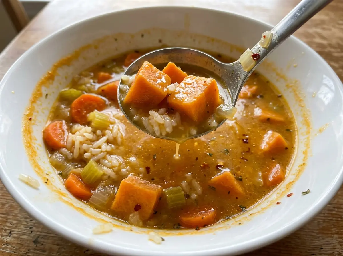Spicy Sweet Potato Vegetable and Rice Soup in a hearty colorful bowl