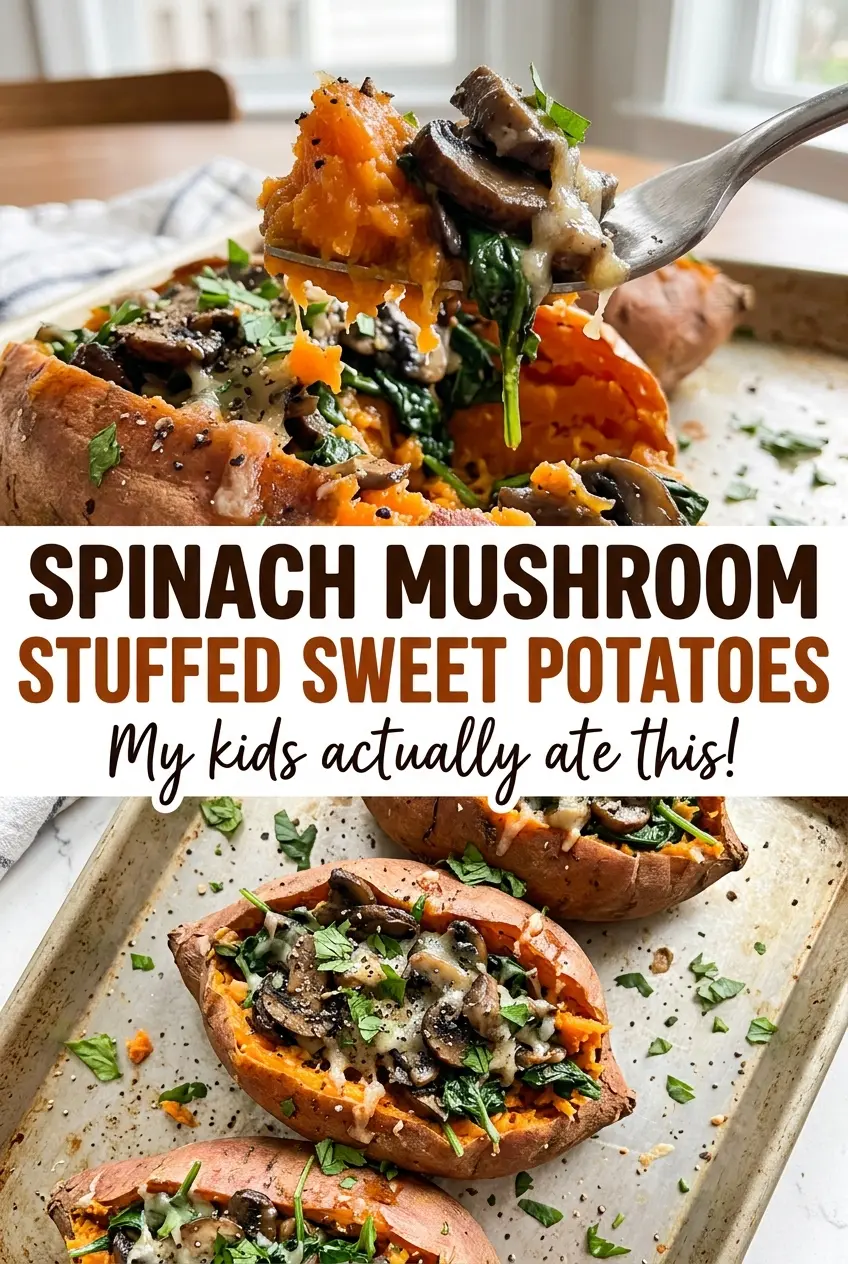 Spinach Mushroom Stuffed Sweet Potatoes with tender spinach filling