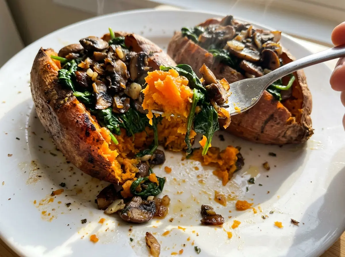 Spinach Mushroom Stuffed Sweet Potatoes with savory mushroom filling