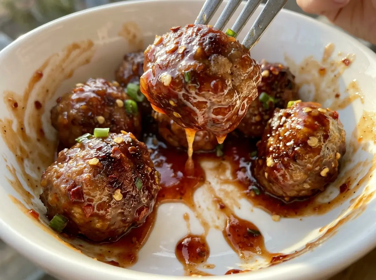 Sweet and Spicy Meatballs glossy red sauce