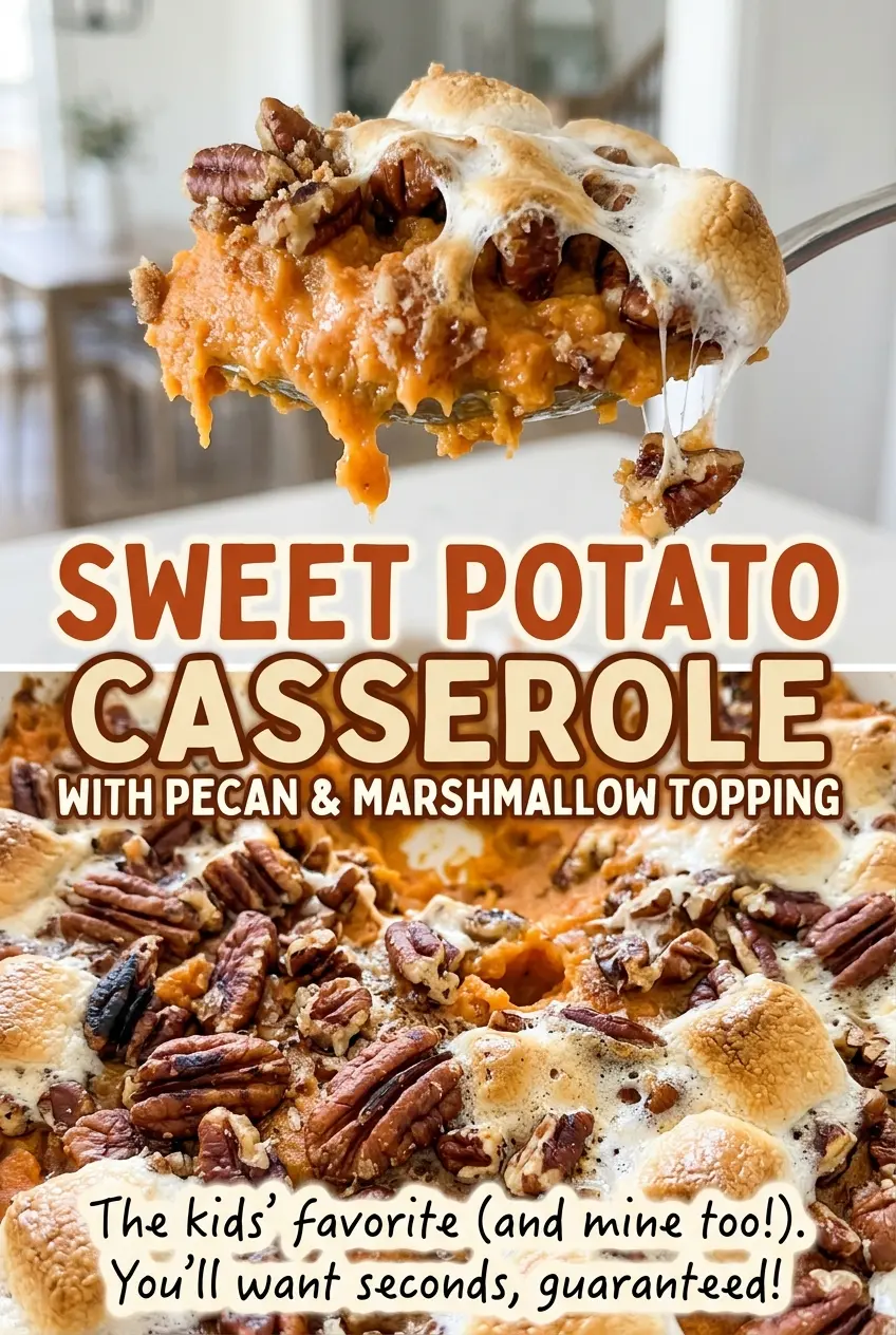 Sweet potato casserole with pecan and marshmallow topping, tender and toasted