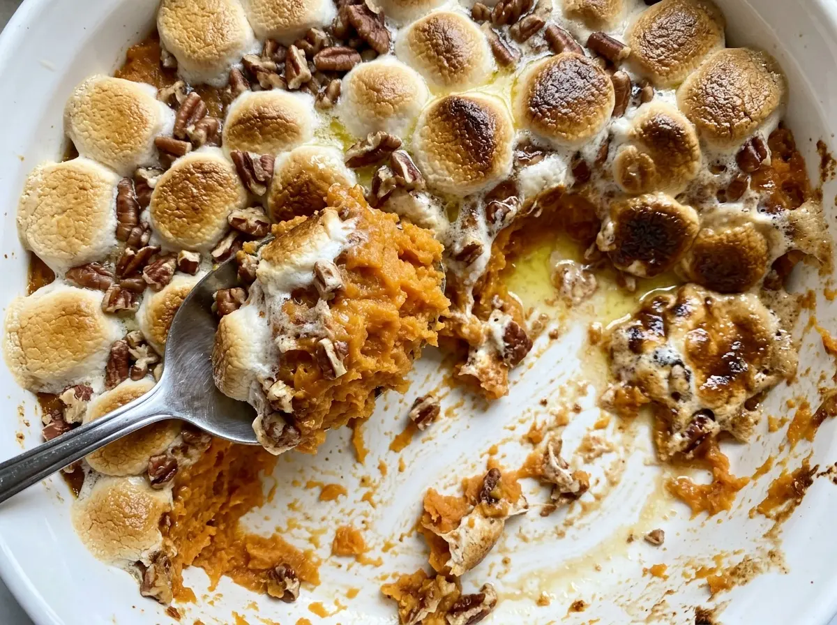 Sweet potato casserole with pecan and marshmallow topping, fluffy and golden