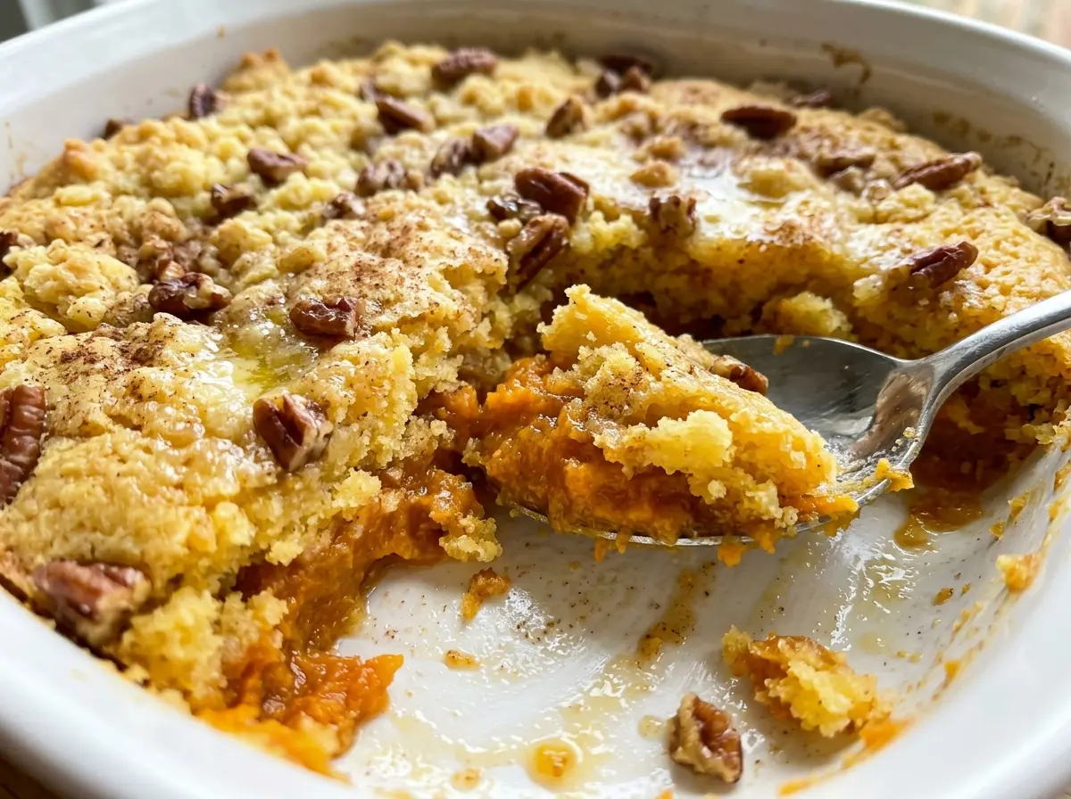 Sweet Potato Dump Cake golden pecan topping