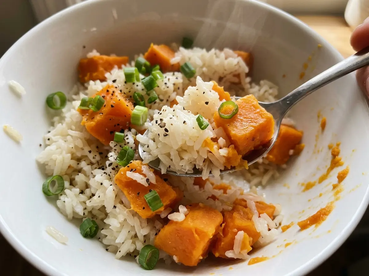 Sweet potato rice with golden cubes