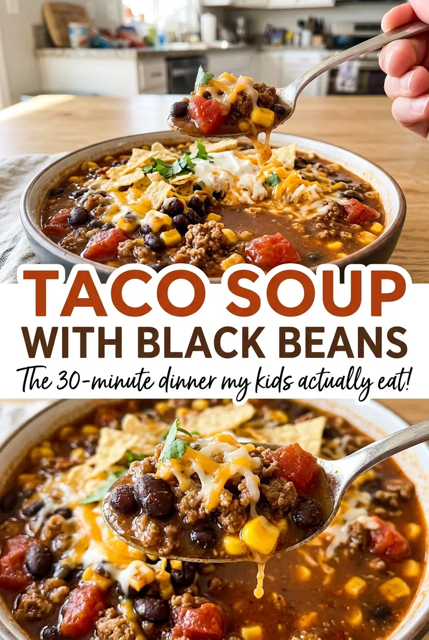 Taco soup with black beans, savory and chunky