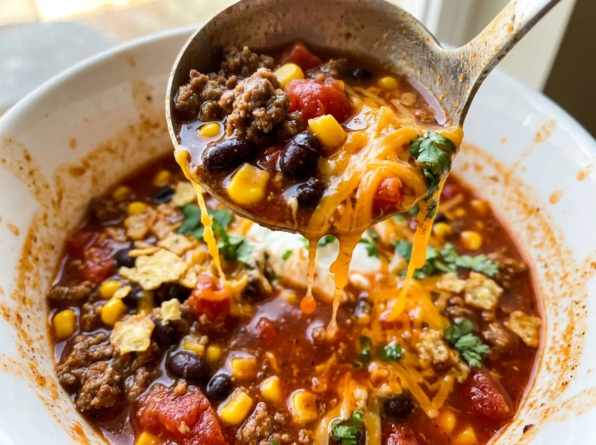 Taco soup with black beans, hearty and colorful