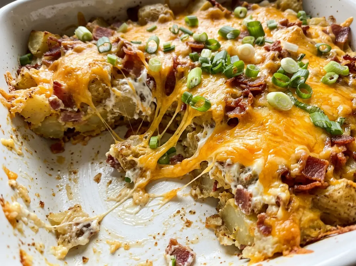 Twice Baked Potato Casserole, golden and cheesy