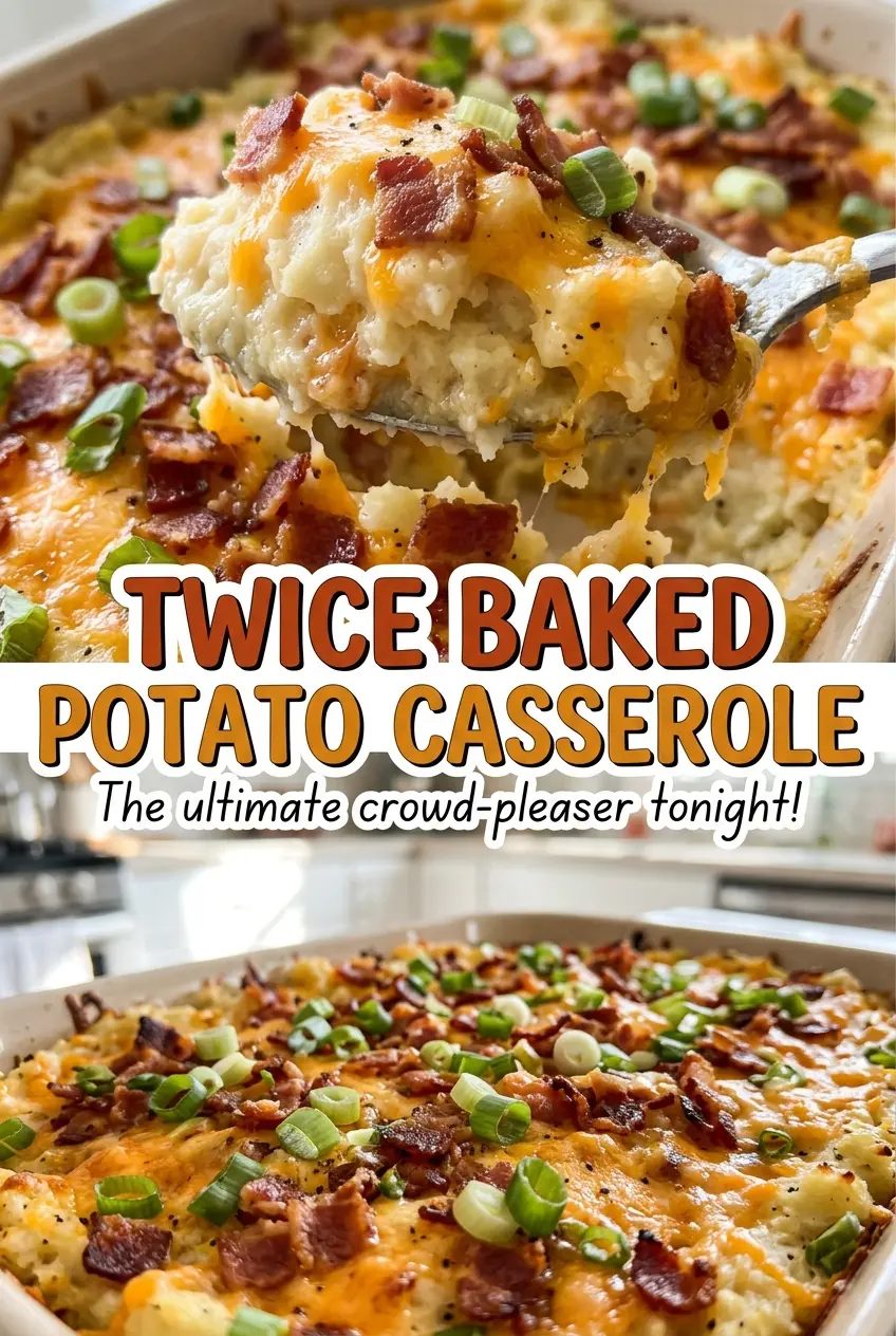 Twice Baked Potato Casserole with crisp bacon topping
