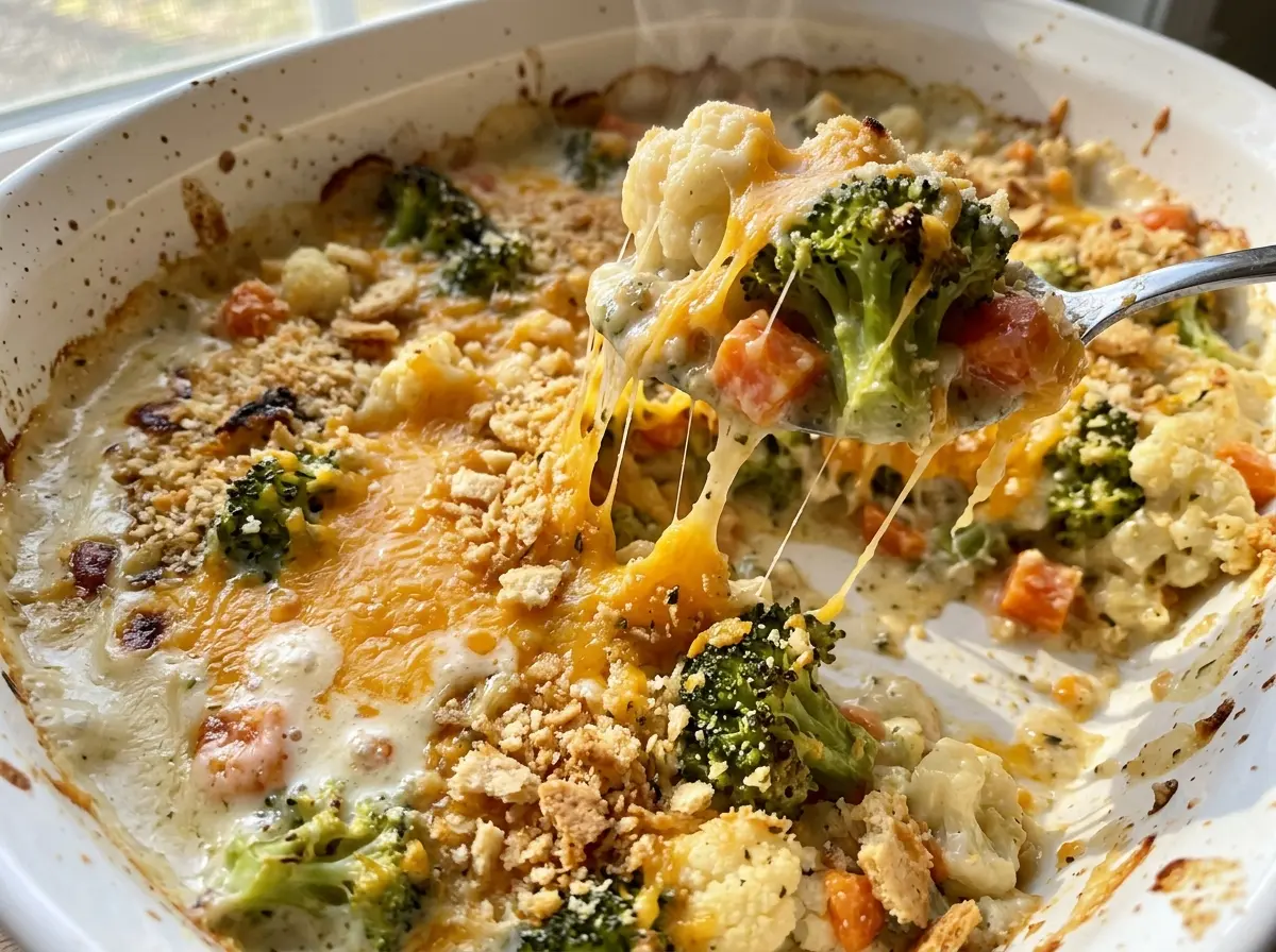 Vegetable casserole with creamy filling and golden cracker topping